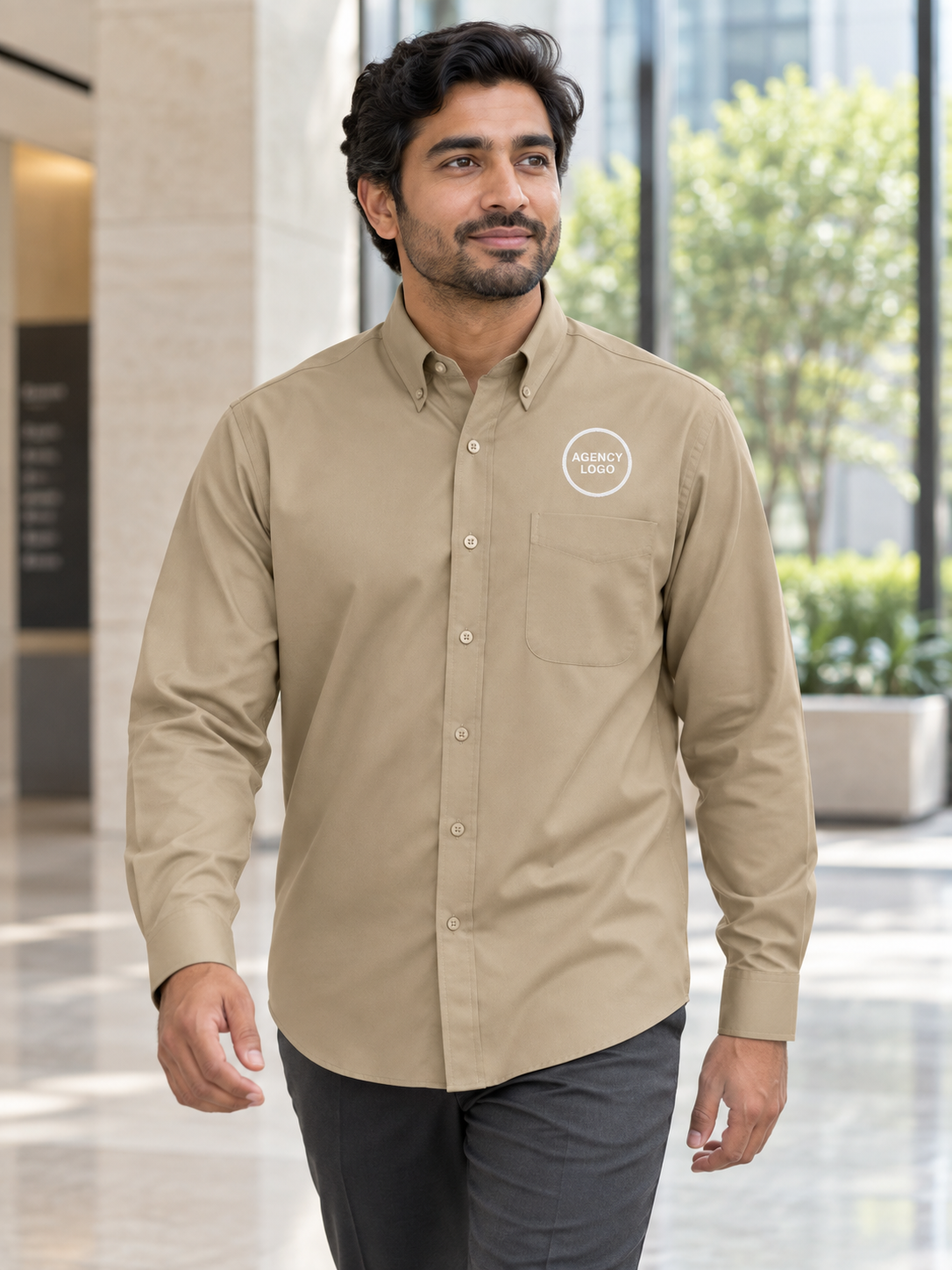 Men's Executive Agency Long Sleeve — Khaki lifestyle view