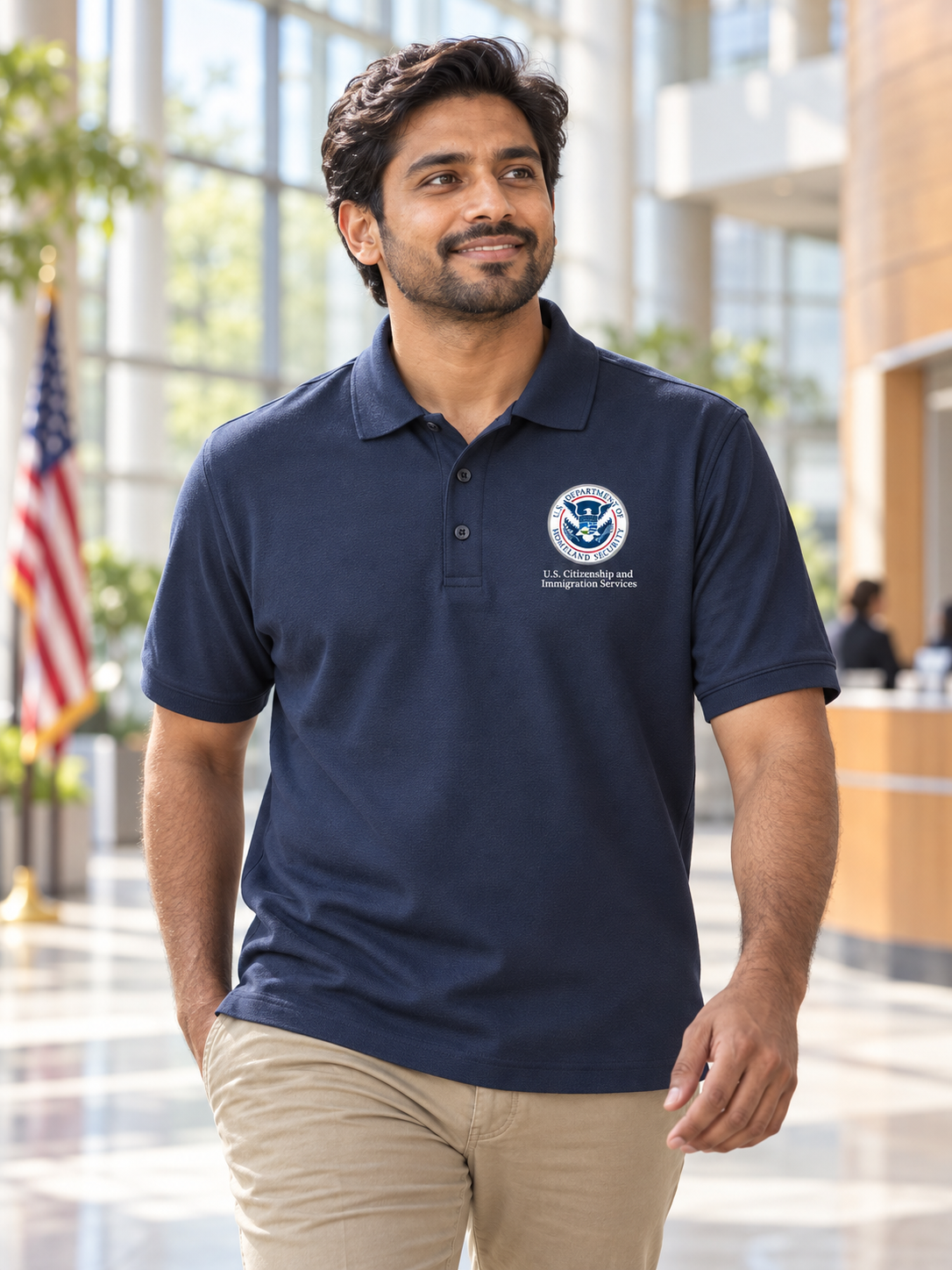 USCIS Polo Shirt- Men's Short Sleeve — Navy Blue lifestyle view
