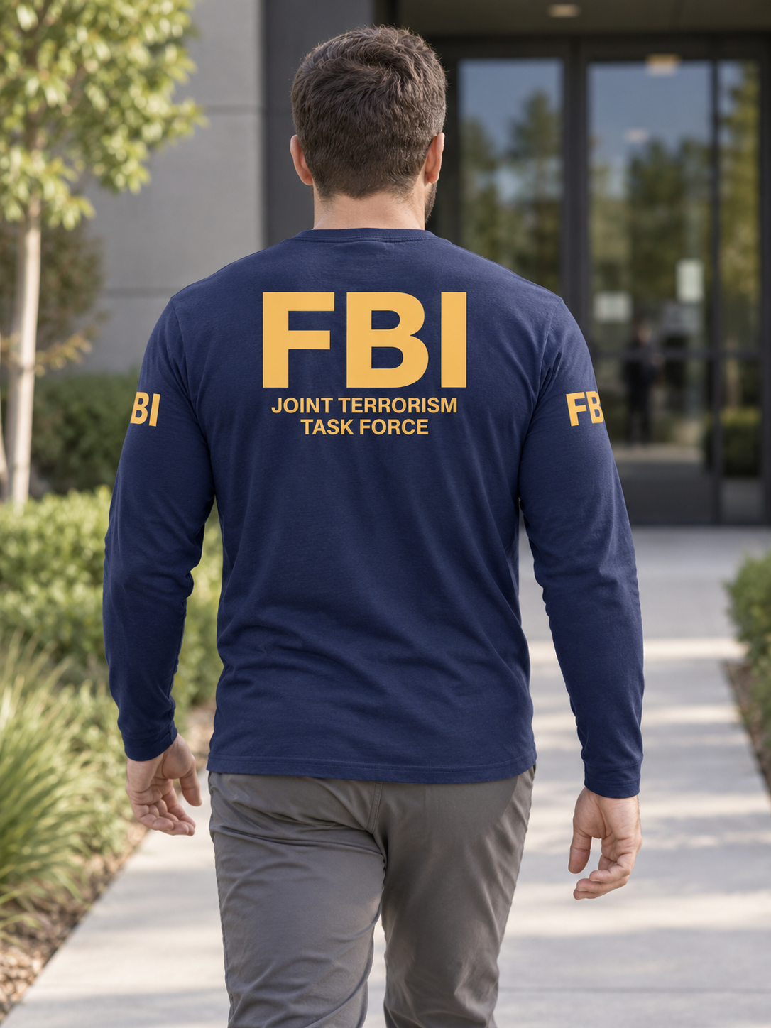 FBI Joint Terrorism Task Force Agency Identifier T Shirt - Long Sleeve — Navy Blue lifestyle view