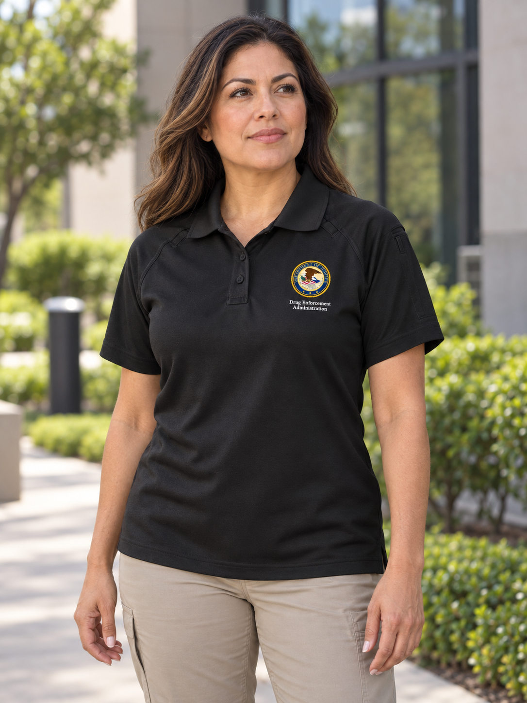 DEA Women's Tactical Short Sleeve Polo — Black lifestyle view