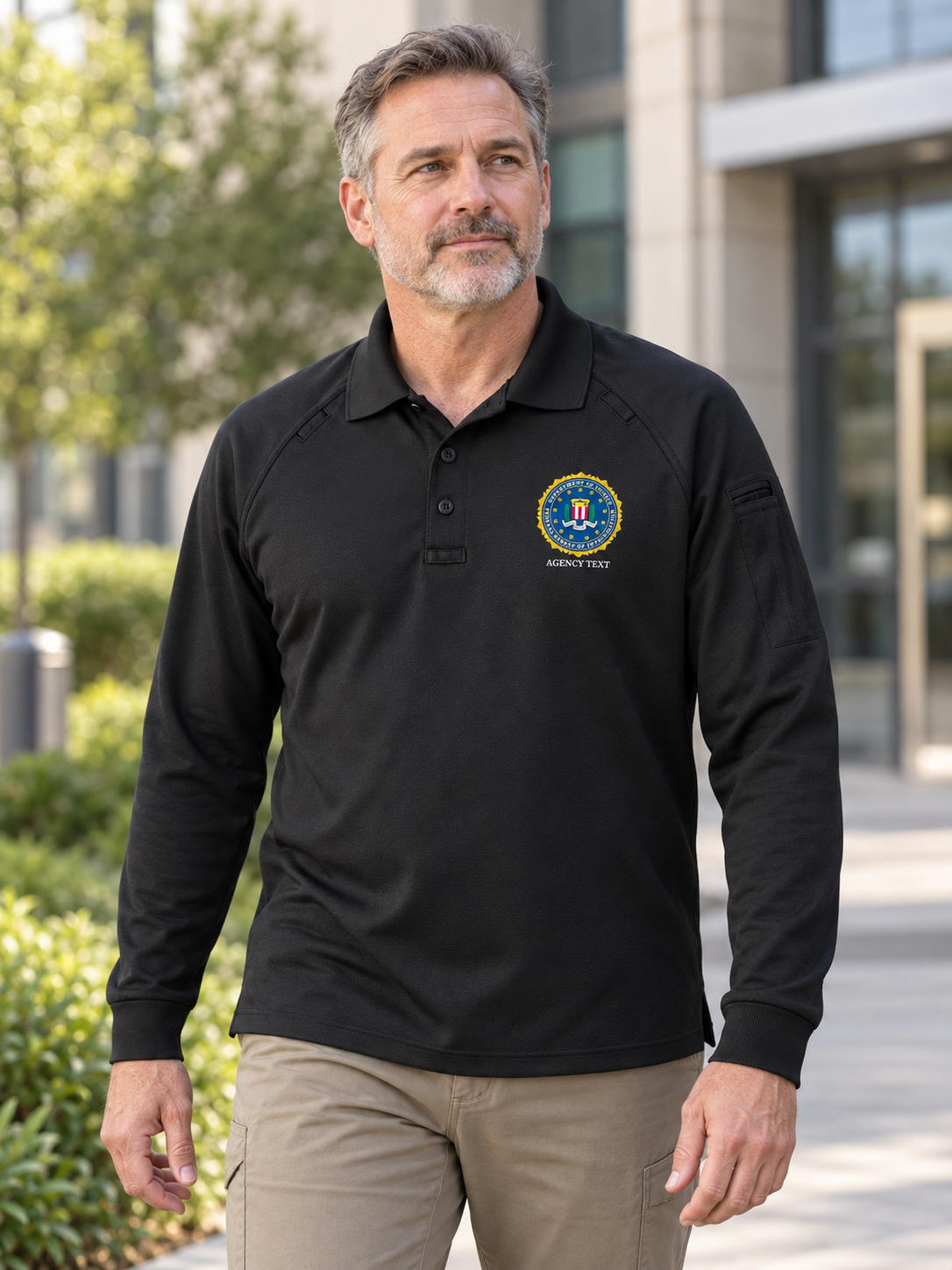 TACTICAL Federal Bureau of Investigation Polo - Men's Long Sleeve — Black lifestyle view