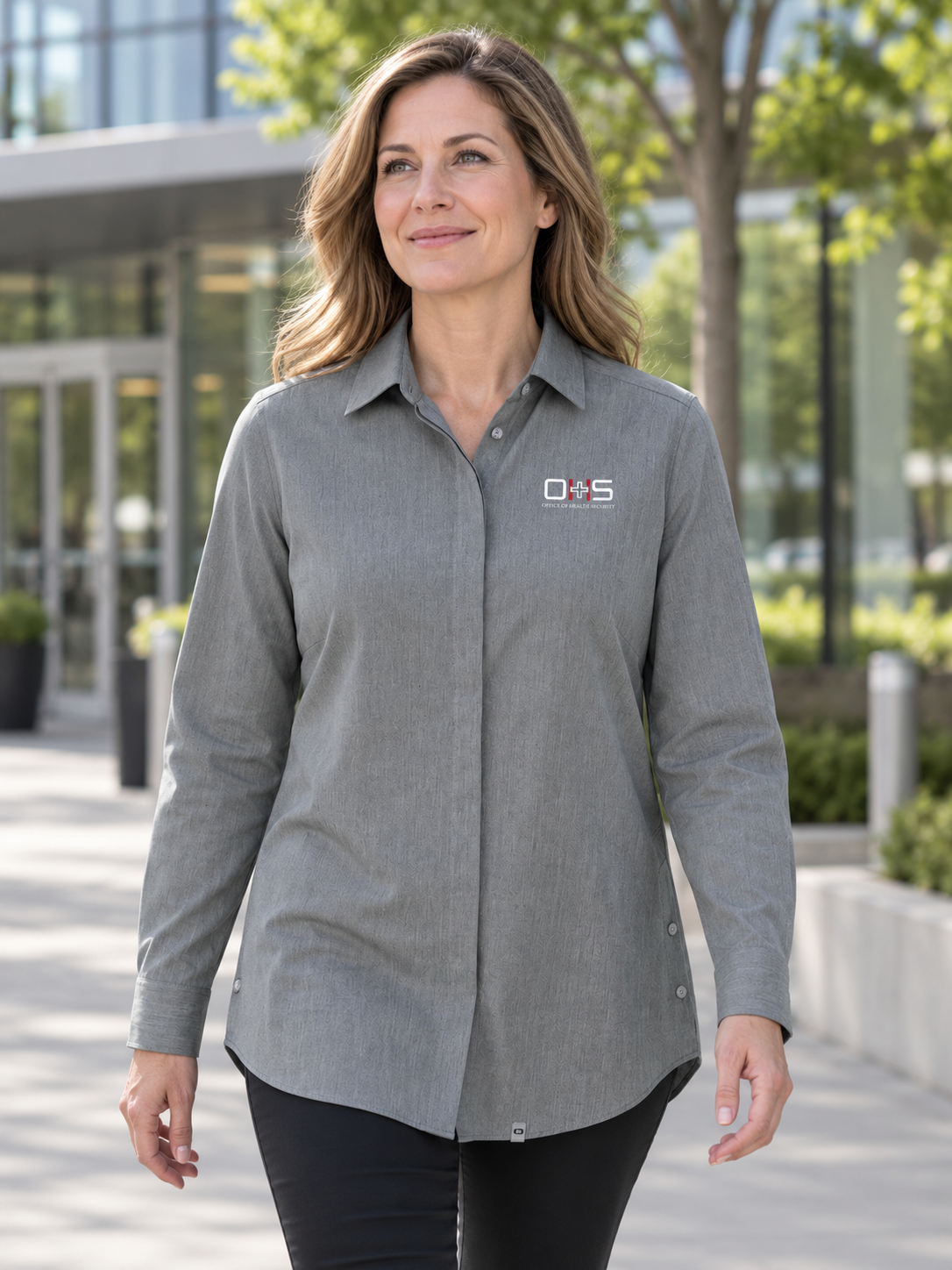 OHS Logo - Ladies Commuter Woven Tunic — Slate Gray lifestyle view