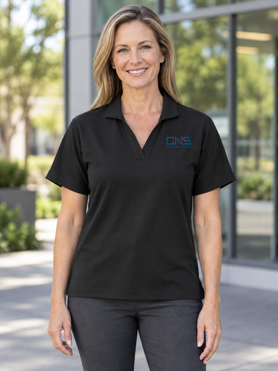 OHS Logo - Women’s Stretch Jersey Polo — Black lifestyle view