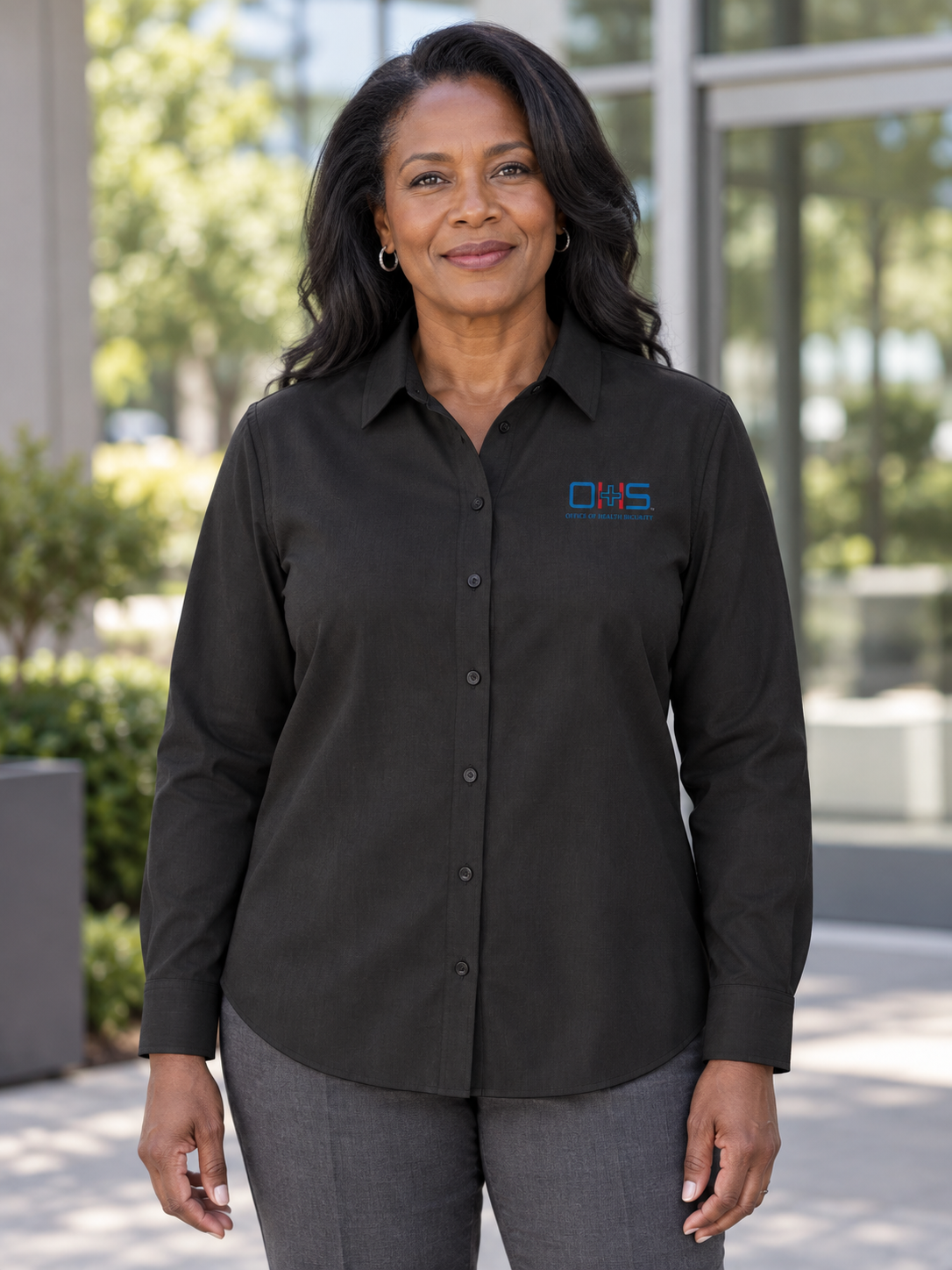 OHS Logo - Women’s Long Sleeve Stretch Woven Shirt — Black lifestyle view