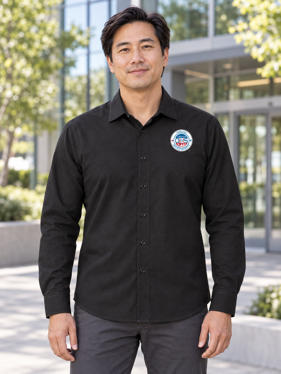 OHS Seal - Long Sleeve Stretch Woven Shirt — Black lifestyle view