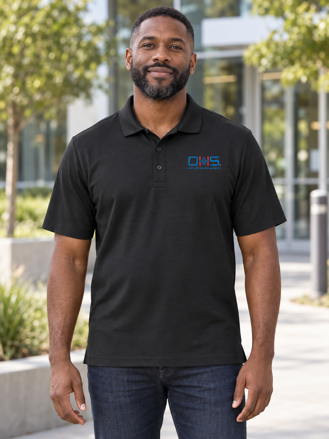 OHS Logo - Stretch Jersey Polo — Black lifestyle view