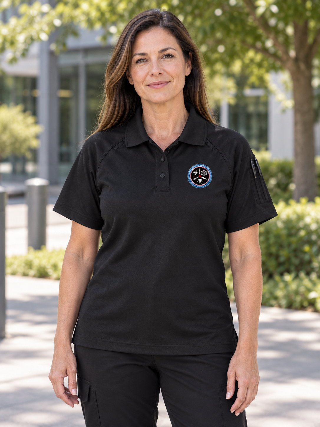 CWMD Women's Tactical Short Sleeve Polo — Black lifestyle view