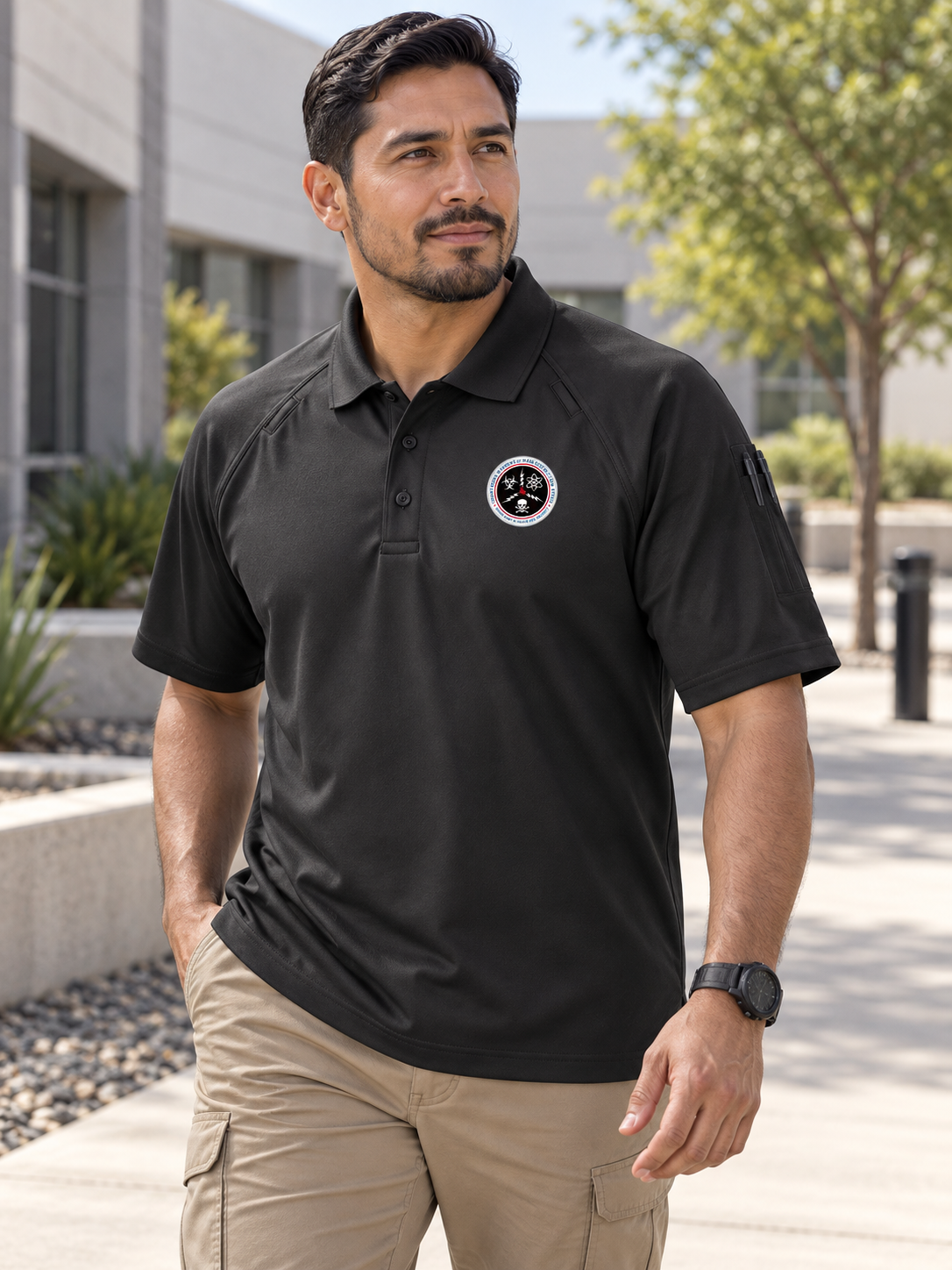 CWMD TACTICAL Polo- Men's Short Sleeve — Black lifestyle view