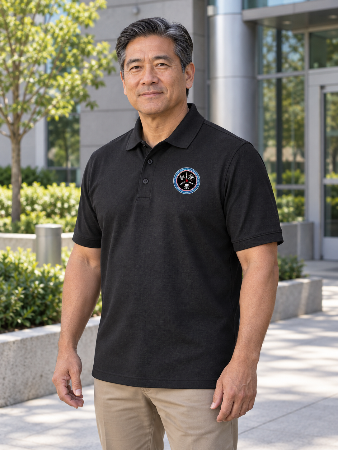 CWMD Men's Short Sleeve Agency Polo — Black lifestyle view