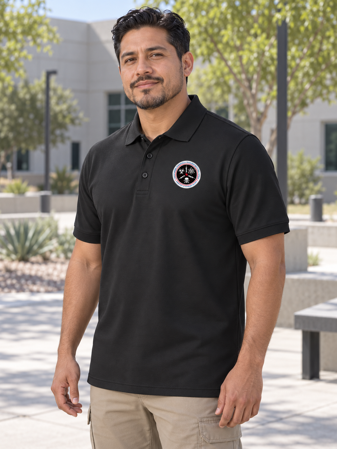 CWMD Men's Short Sleeve Agency Polo — Black lifestyle view