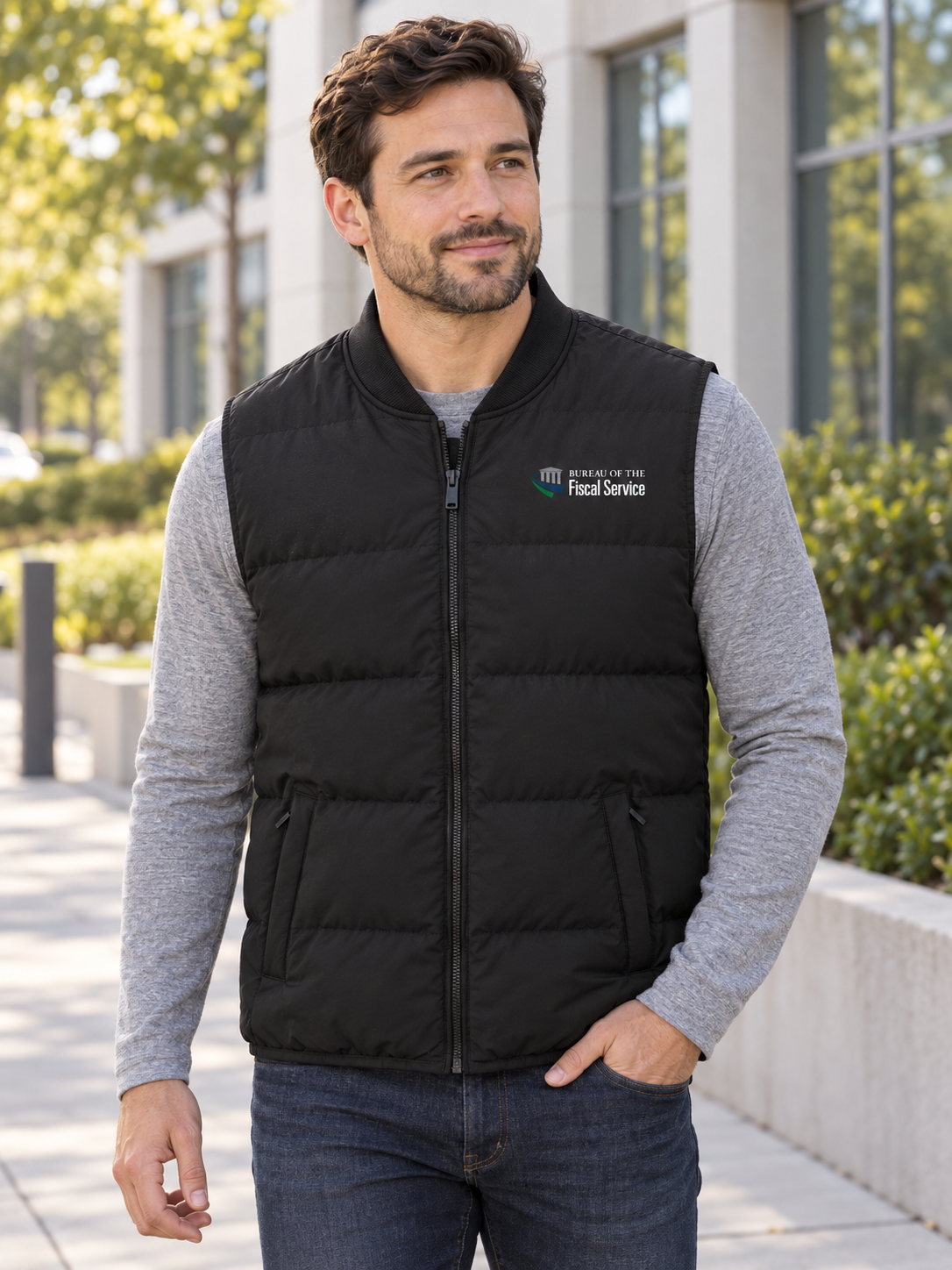 BFS Men's Puffer Vest — Black lifestyle view