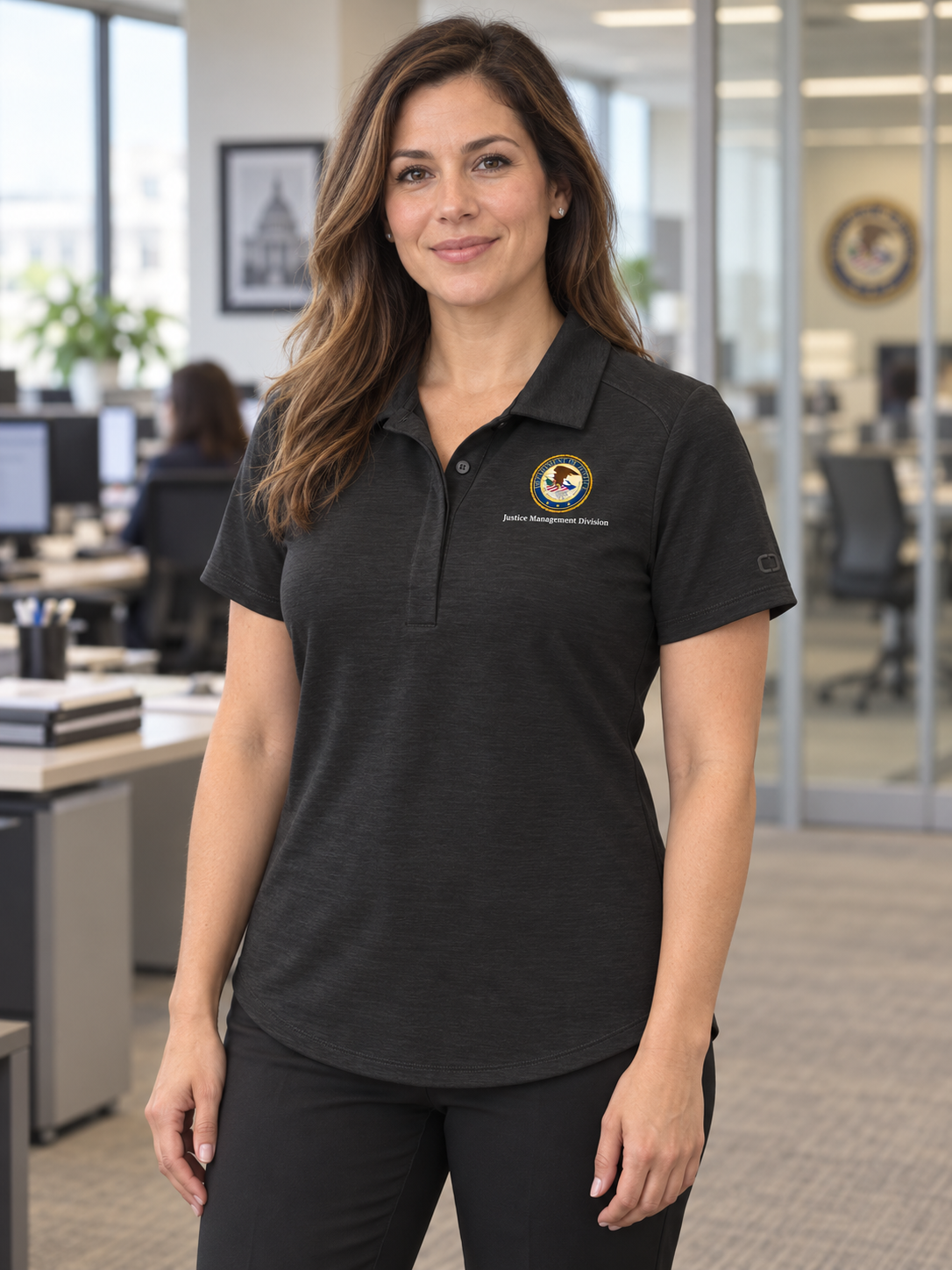 JMD Women's Polo — Black lifestyle view