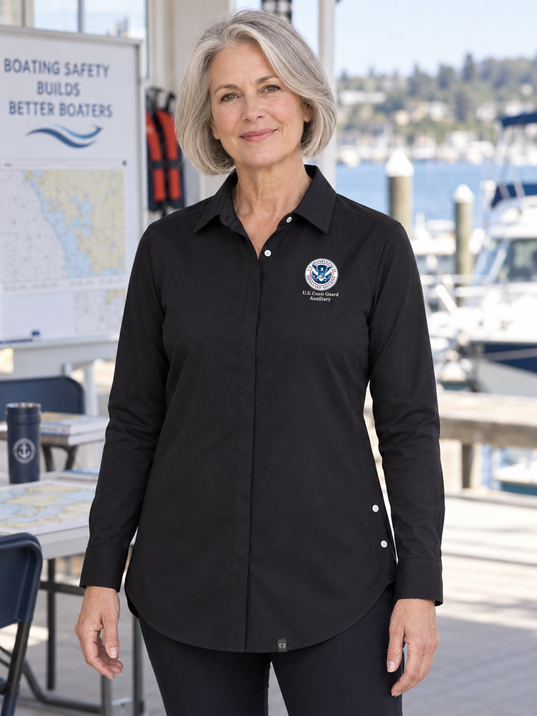 USCGA Women's Commuter Shirt — Black lifestyle product photograph