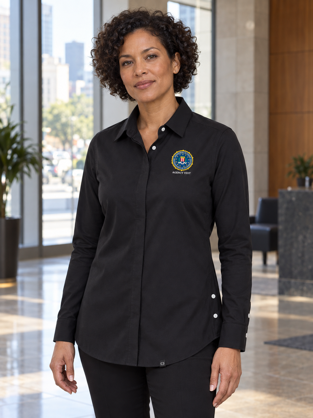 FBI Women's Commuter Shirt — Black lifestyle product photograph