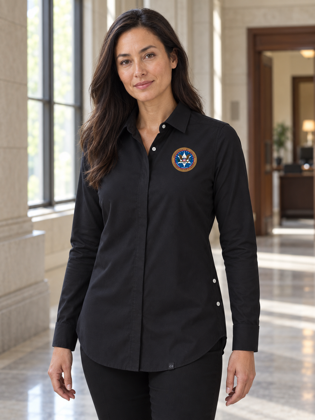 USMS Women's Commuter Shirt — Black lifestyle product photograph
