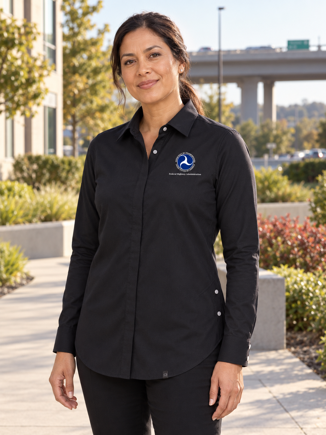 FHWA Women's Commuter Shirt — Black lifestyle product photograph