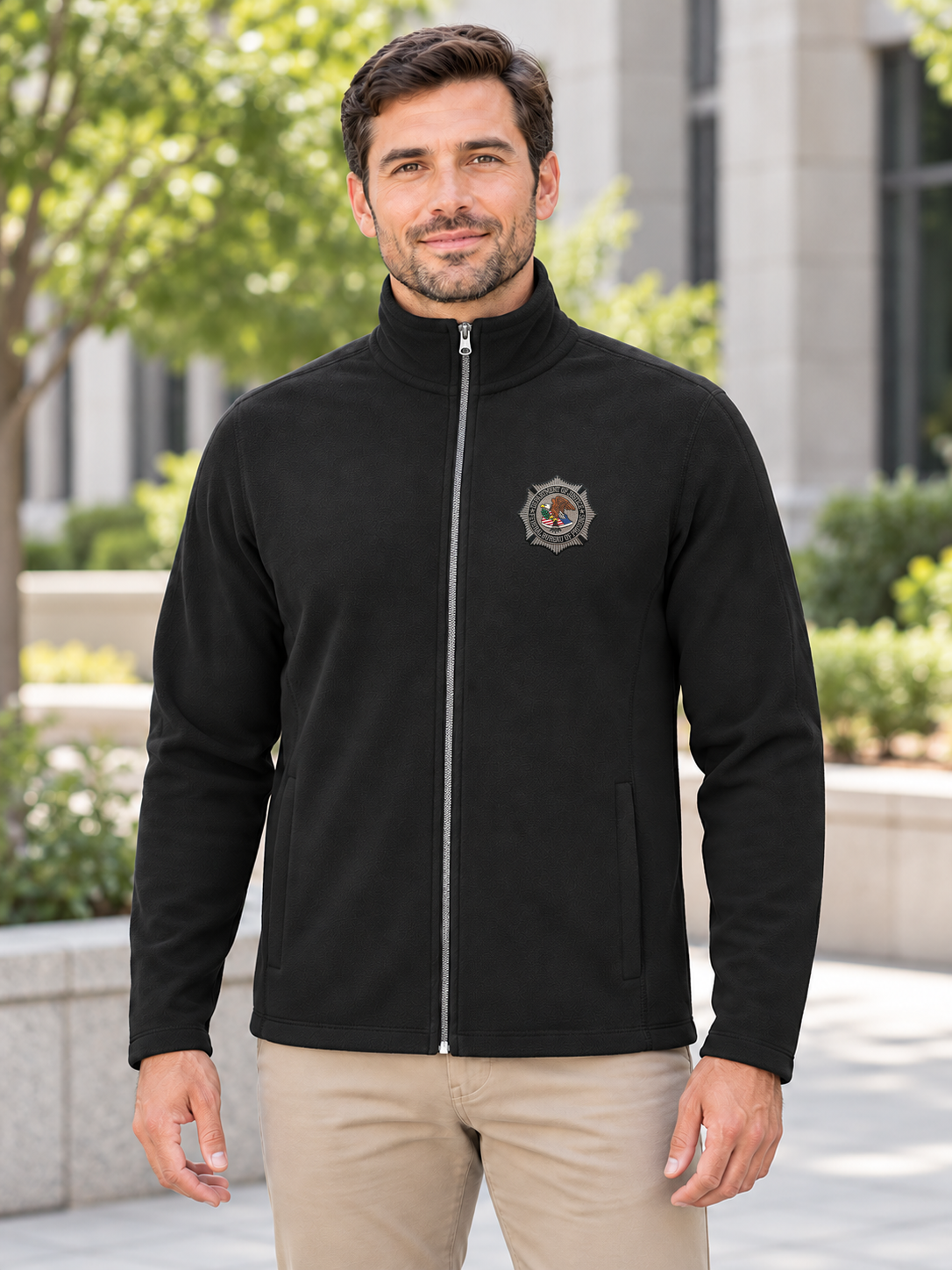BOP Men's Lightweight Microfleece in Black — lifestyle thumbnail with the original Federal Bureau of Prisons starburst patch.