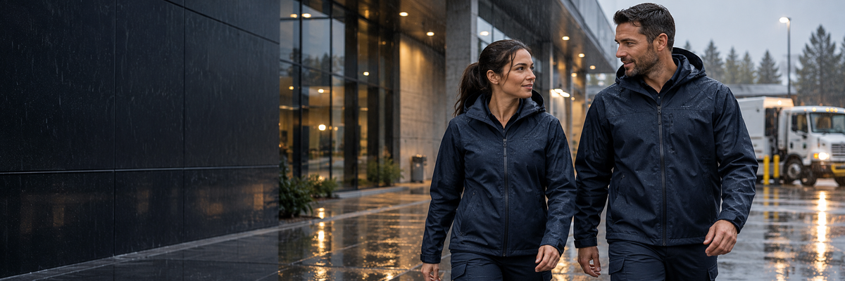 two emergency response staff in plain dark navy lightweight rain shells with zip fronts and hoods, walking beside a modern municipal operations building during real rain