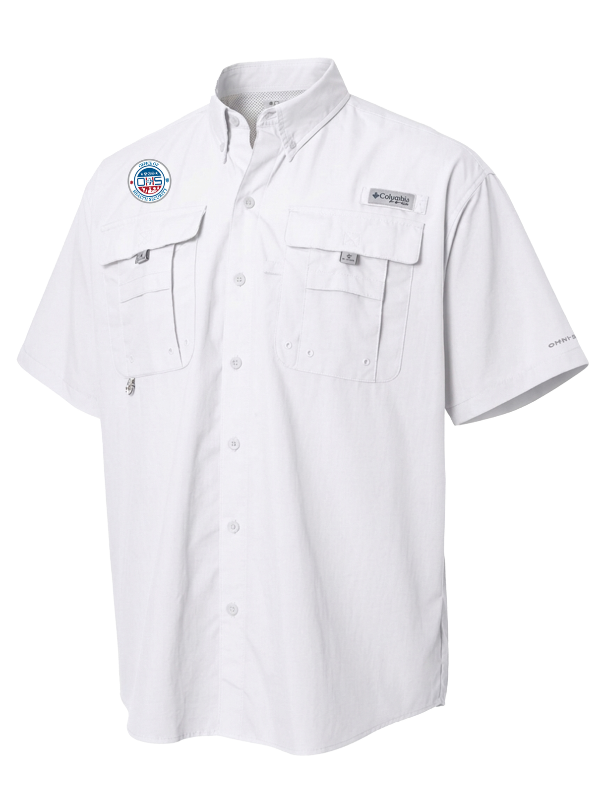 Office of Health Security (OHS) Men's Columbia Bahama™ II Button Up Short Sleeve  White government employee uniform shirt