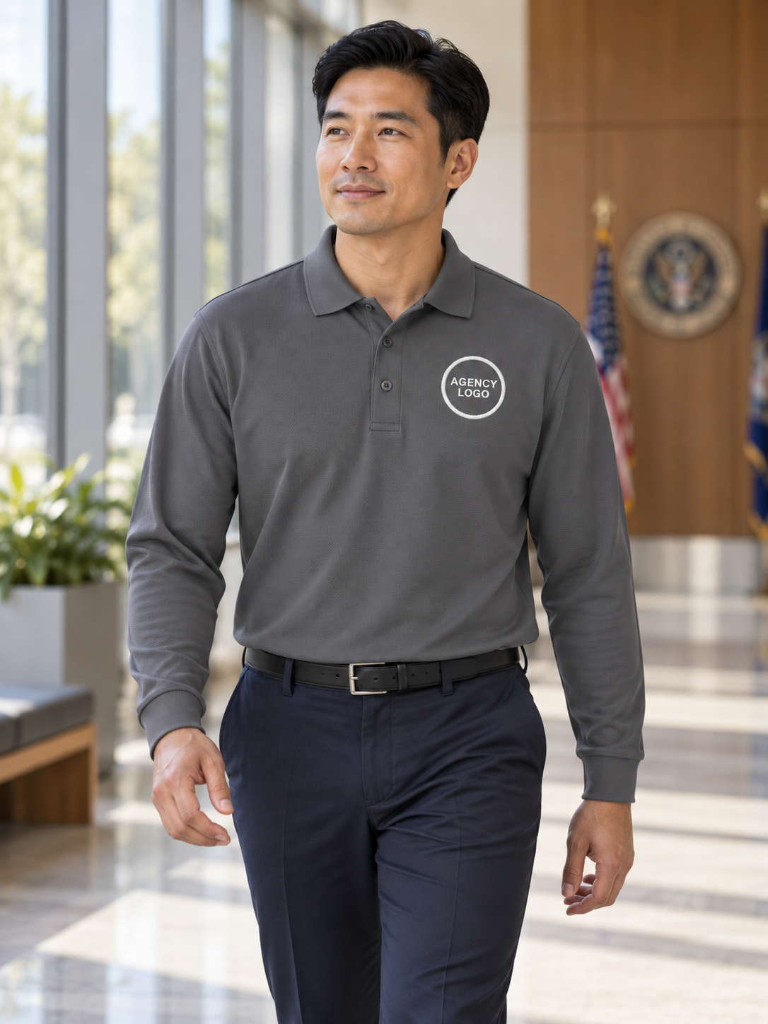 Men's Long Sleeve Agency Polo — Slate Gray lifestyle view