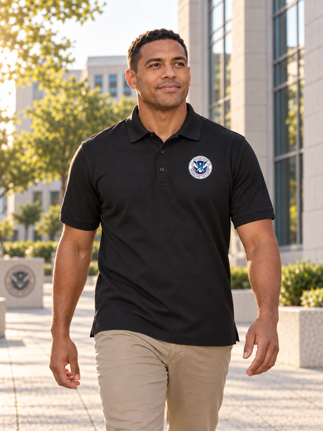 Dept of Homeland Security Polo- Men's Short Sleeve — Black lifestyle view