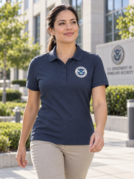 Dept of Homeland Security Polo Shirt - Women's Short Sleeve — Navy Blue lifestyle view
