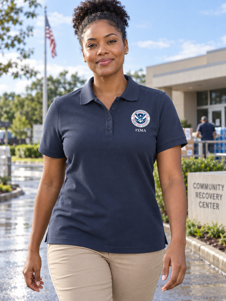 FEMA Polo Shirt - Women's Short Sleeve — Navy Blue lifestyle view
