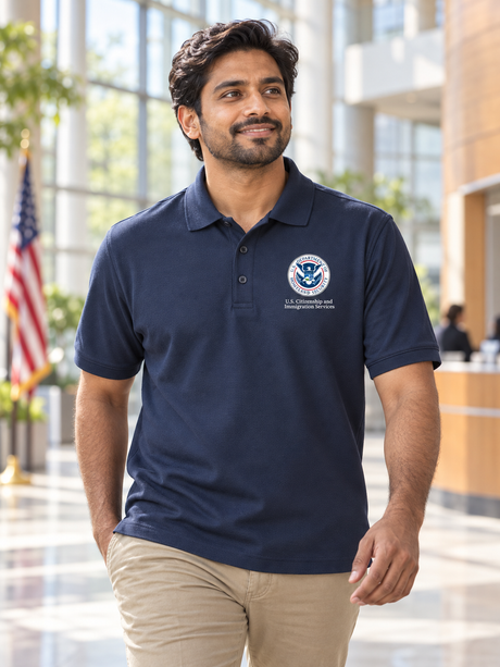 USCIS Polo Shirt- Men's Short Sleeve — Navy Blue lifestyle view