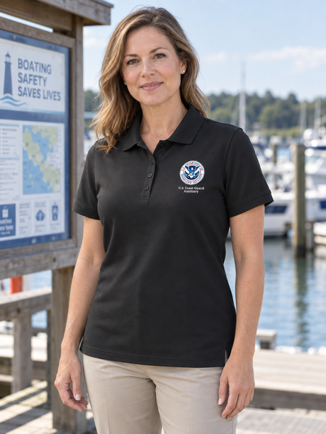 USCG Auxiliary Polo Shirt - Women's Short Sleeve — Black lifestyle view