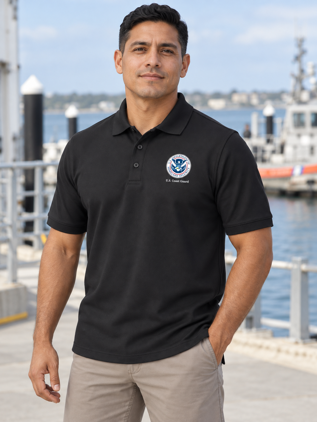 USCG Polo Shirt- Men's Short Sleeve — Black lifestyle view