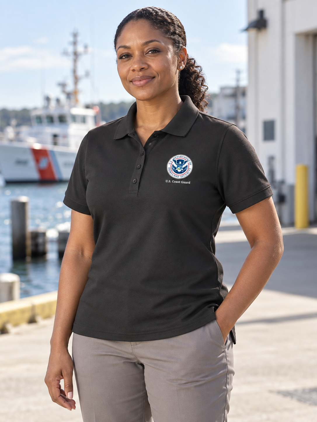 USCG Polo Shirt- Women's Short Sleeve — Black lifestyle view