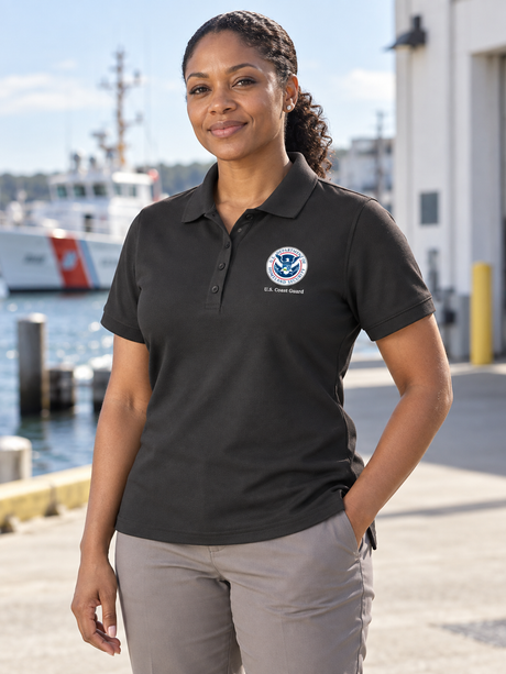 USCG Polo Shirt- Women's Short Sleeve — Black lifestyle view