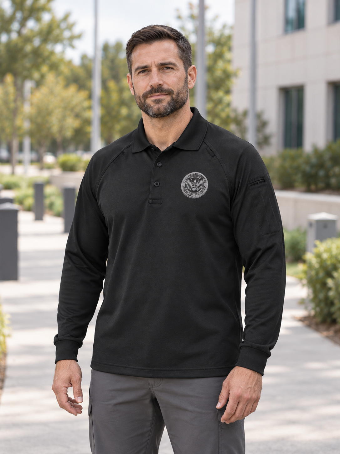 TACTICAL (Ghost Effect) Dept of Homeland Security Polo- Men's Long Sleeve — Black lifestyle view