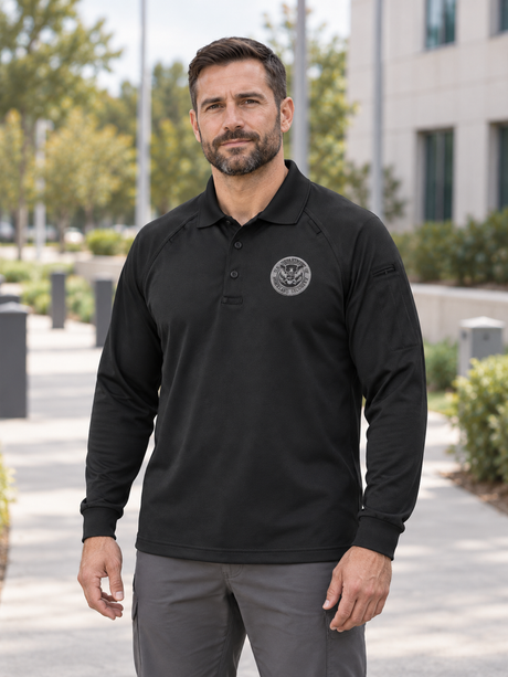 TACTICAL (Ghost Effect) Dept of Homeland Security Polo- Men's Long Sleeve — Black lifestyle view