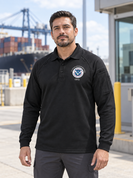 TACTICAL Dept of Homeland Security Polo- Men's Long Sleeve — Black lifestyle view