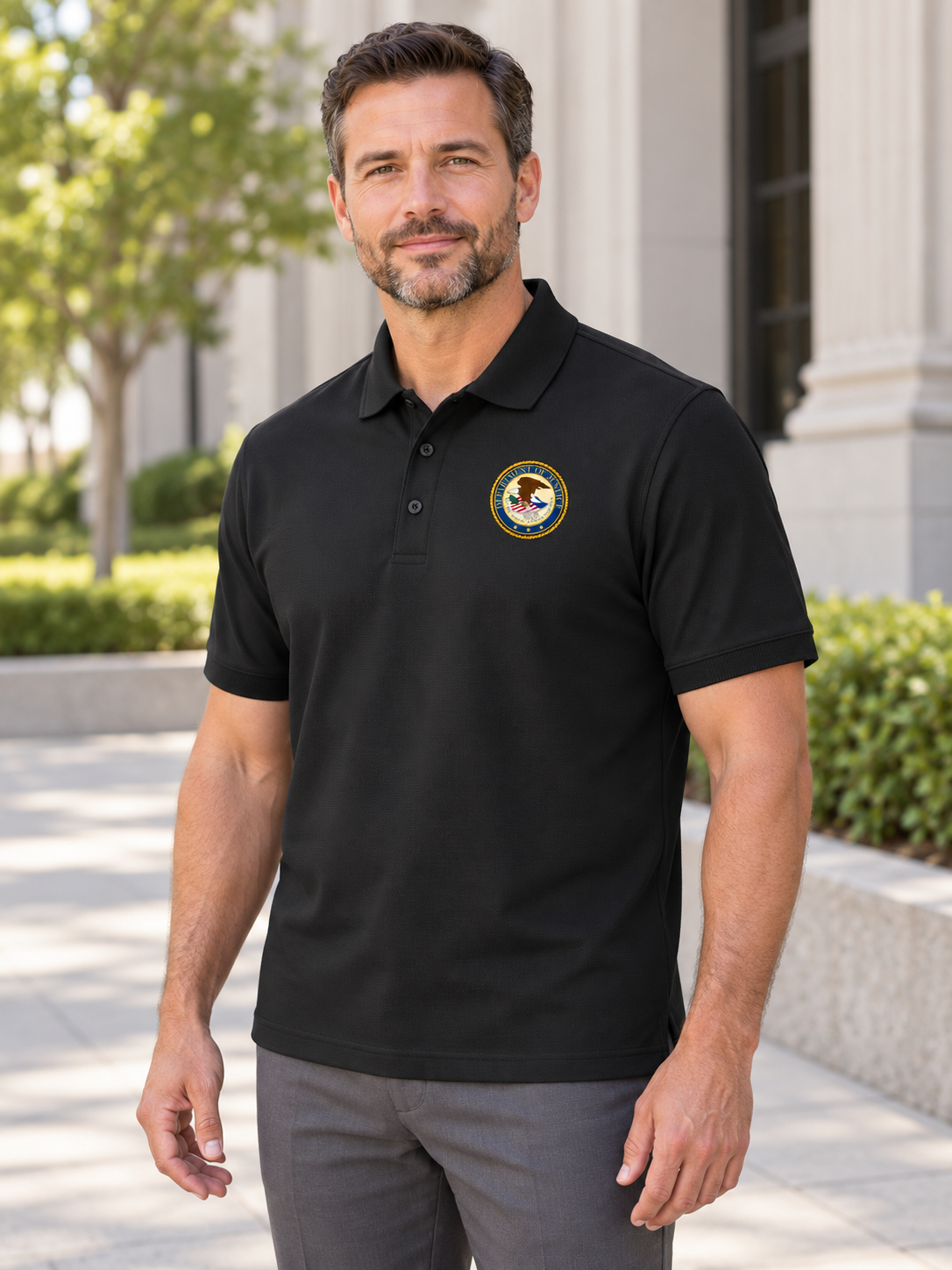 Department of Justice Polo Shirt - Men's Short Sleeve — Black lifestyle view