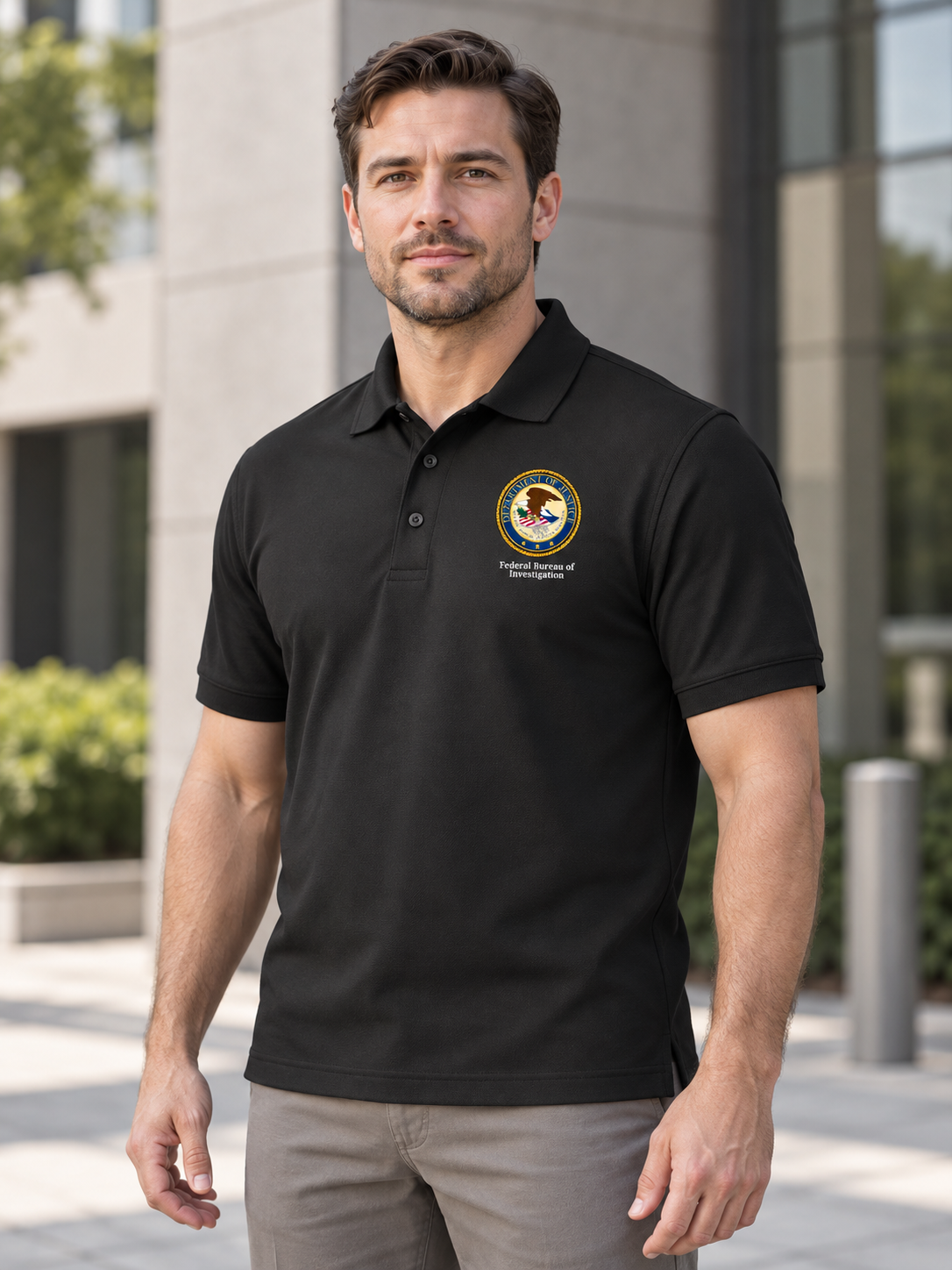DOJ FBI Polo Shirt - Men's Short Sleeve — Black lifestyle view