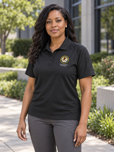 FBI Women's Tactical Short Sleeve Polo — Black lifestyle view