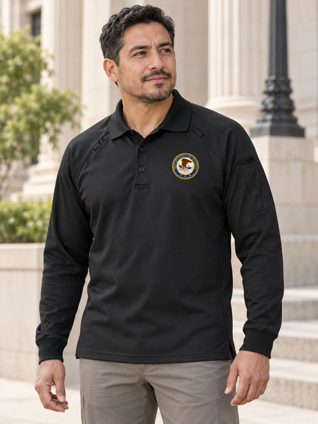 TACTICAL Department of Justice Polo- Men's Long Sleeve — Black lifestyle view