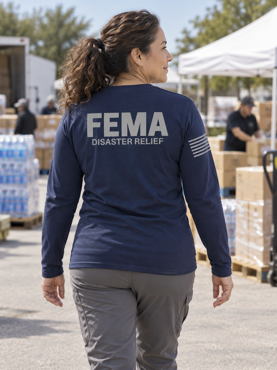 SUBDUED FEMA Disaster Relief Agency Identifier T Shirt - Long Sleeve — Navy Blue lifestyle view