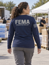 SUBDUED FEMA Disaster Relief Agency Identifier T Shirt - Long Sleeve — Navy Blue lifestyle view