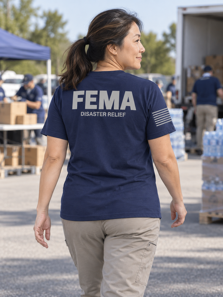 SUBDUED FEMA Disaster Relief Agency Identifier T Shirt - Short Sleeve — Navy Blue lifestyle view