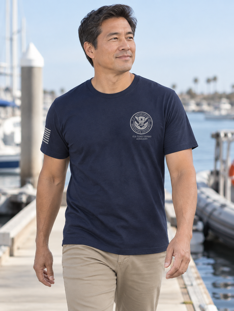 SUBDUED DHS U.S. Coast Guard Auxiliary Agency Identifier T Shirt - Short Sleeve — Navy Blue lifestyle view