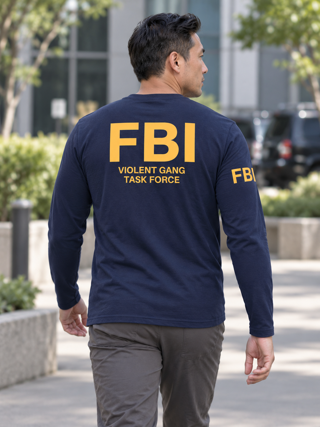 FBI Violent Gang Task Force Agency Identifier T Shirt - Long Sleeve — Navy Blue lifestyle view
