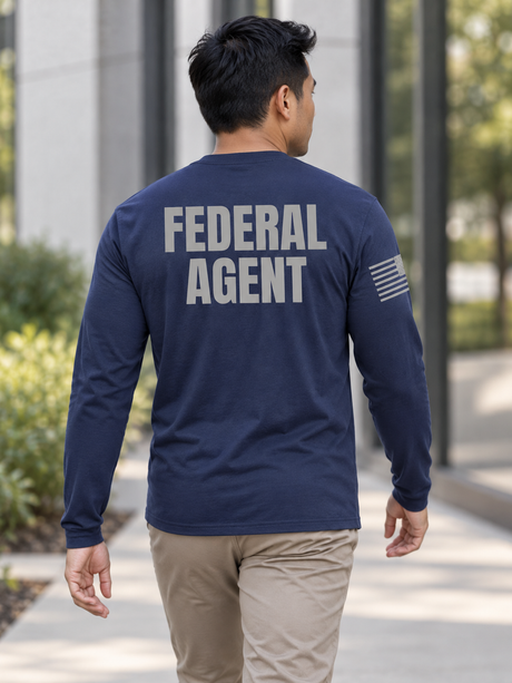 SUBDUED Federal Agent Identifier T Shirt - Long Sleeve — Navy Blue lifestyle view