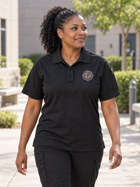 BOP Women's Tactical Short Sleeve Polo — Black lifestyle view