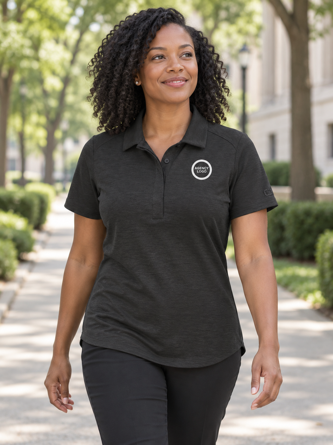 Women's Short Sleeve Agency Polo — Black lifestyle view