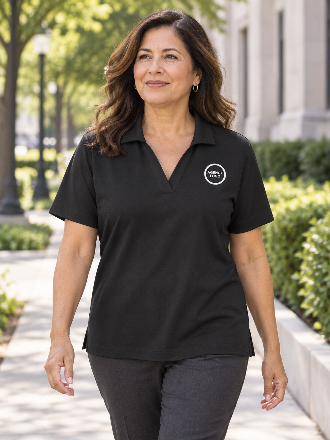 Mercer+Mettle™ Women’s Stretch Jersey Polo — Black lifestyle view