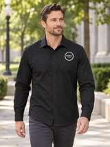 Mercer+Mettle™ Long Sleeve Stretch Woven Shirt — Black lifestyle view
