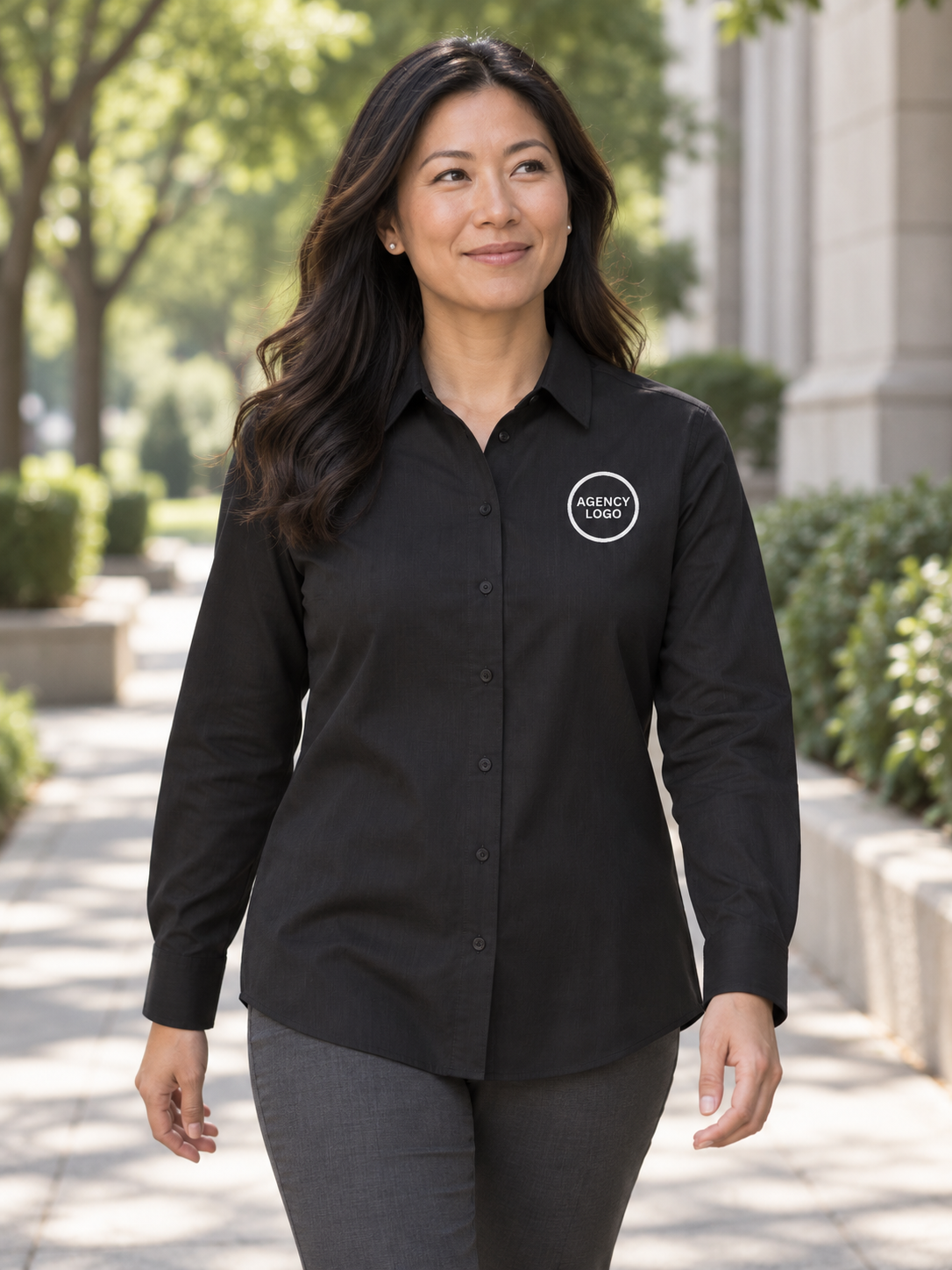 Mercer+Mettle™ Women’s Long Sleeve Stretch Woven Shirt — Black lifestyle view